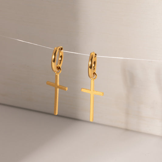 18K Gold Minimalist Cross Huggie Earrings With Charm