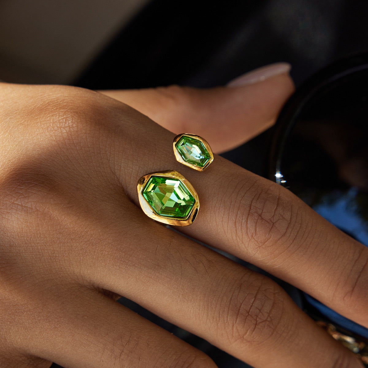 18K Gold Royal Emerald Green Statement Cuff Ring