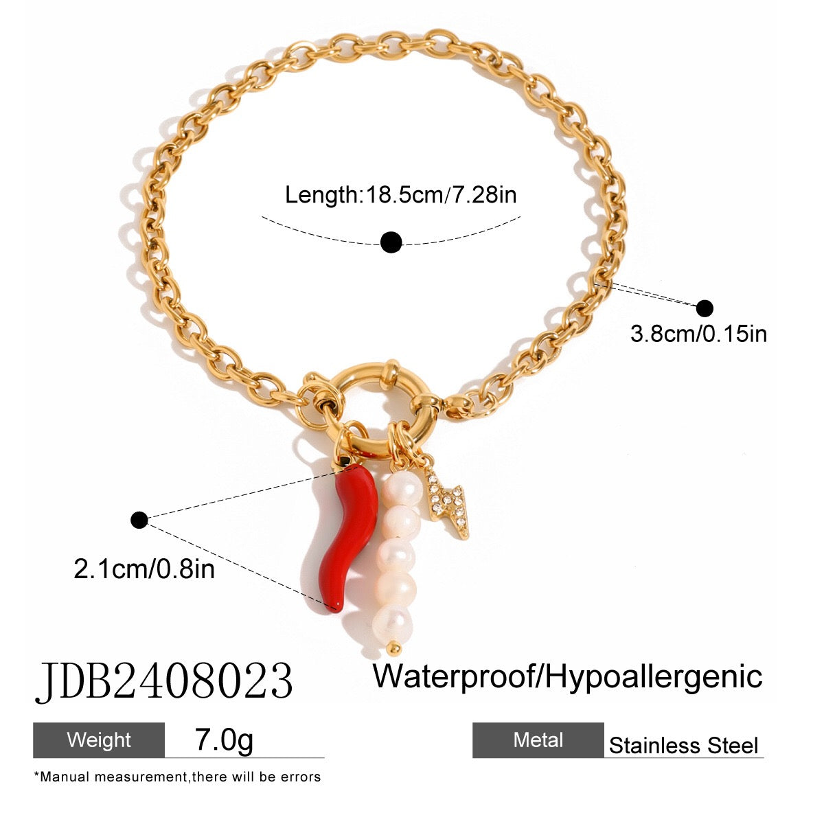 18K Gold Italian Horn Pearl Charm Bracelet