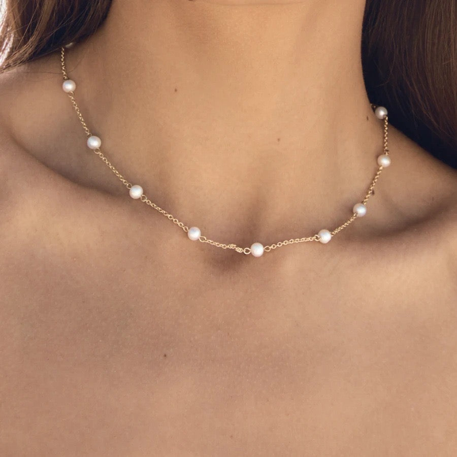 18K Gold Elegant Dainty Pearl Chain Choker Necklace