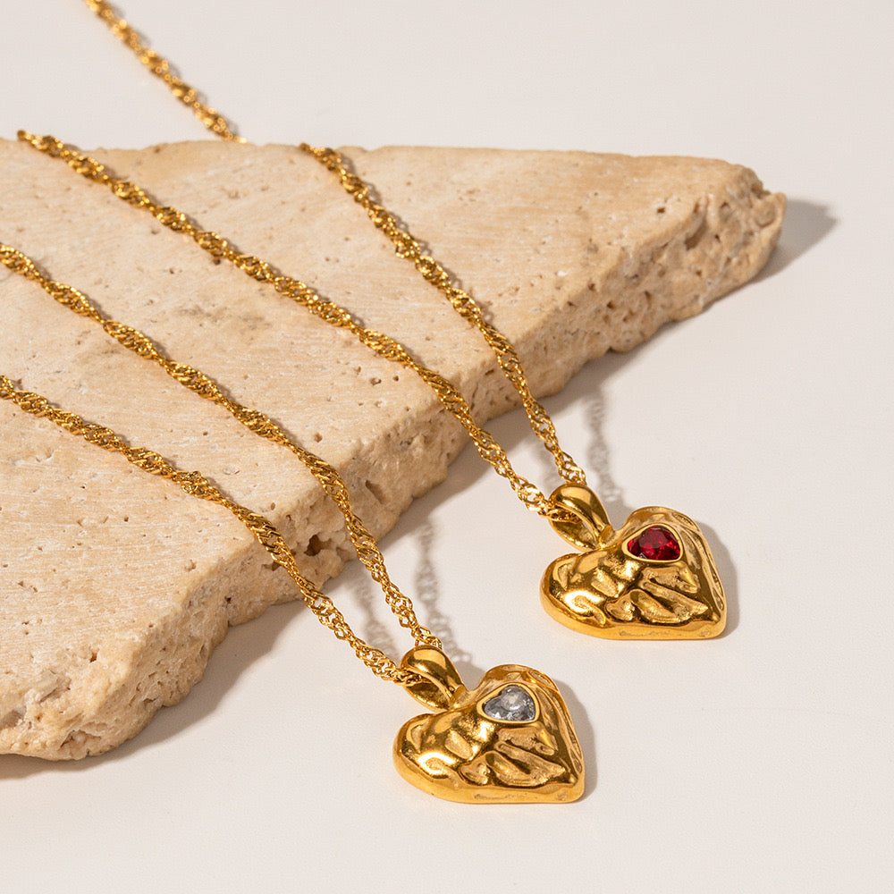 18K Gold Bejeweled Heart Pendant Statement Necklace