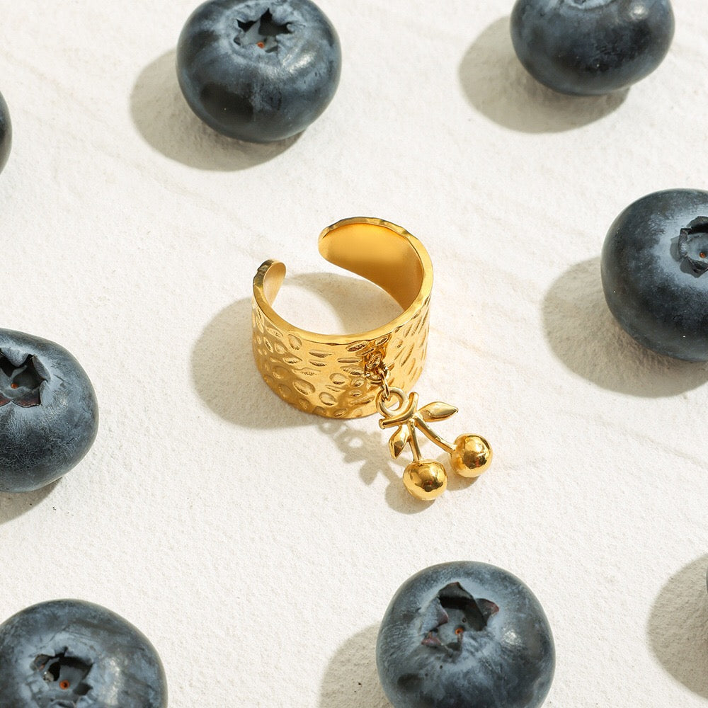 18K Gold Cherry Charm Band Ring