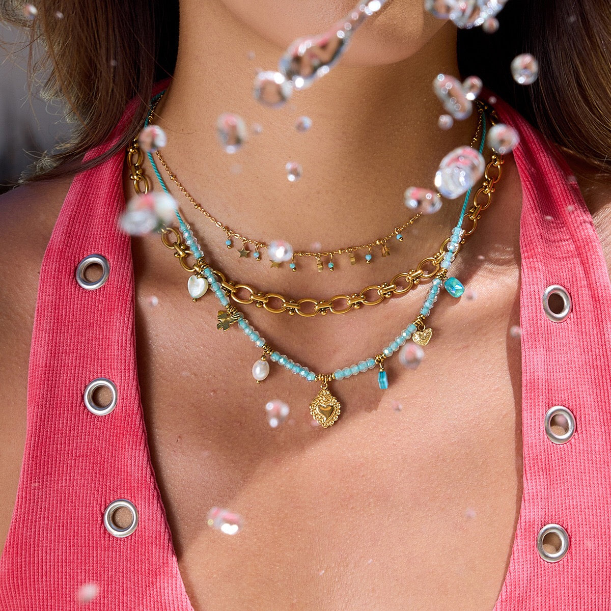 18K Gold Seaside Fantasy Blue Beads Heart Charm Circle Chain Layered Necklace Set