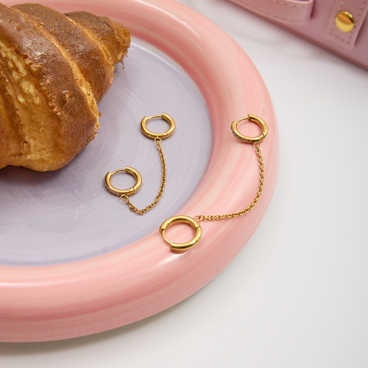 18K Gold Sweet Tangle Small Hoop Huggie Dangle Drop Chain Earrings