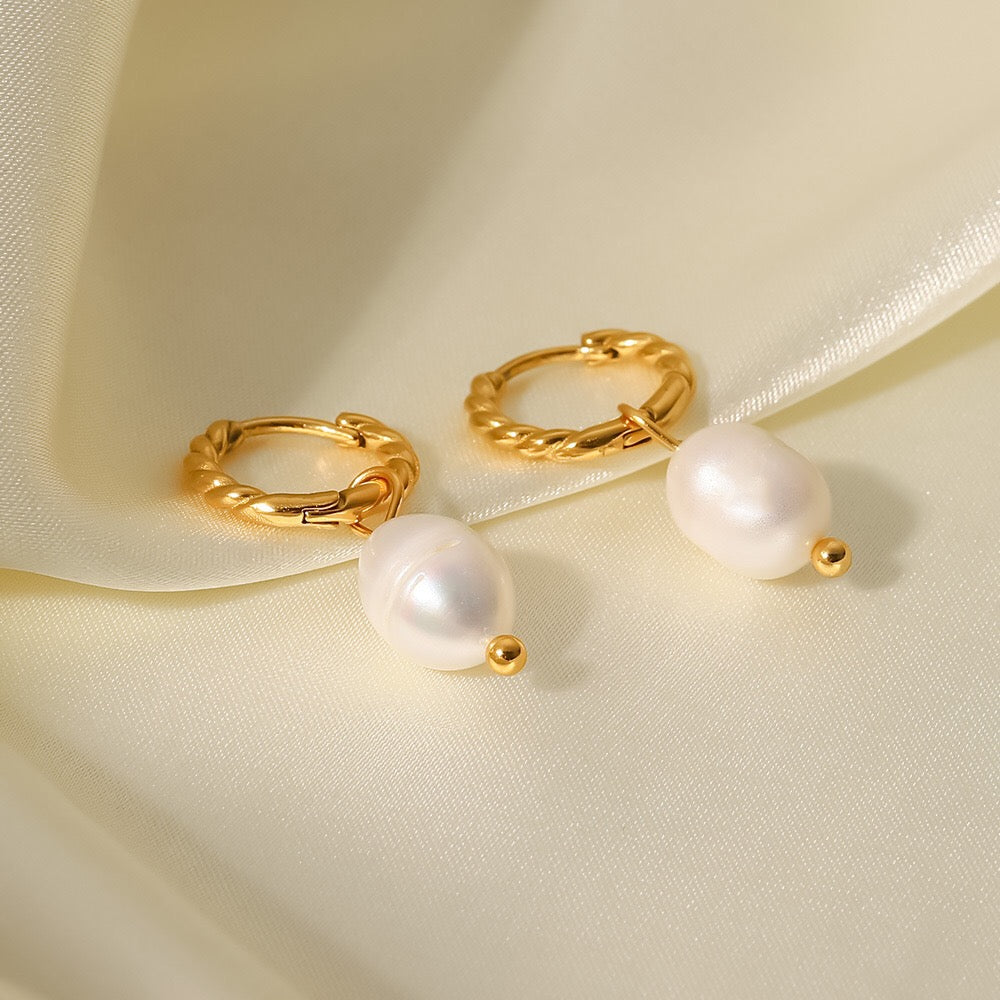 18K Gold Pearl Twisted Small Hoop Huggie Earrings