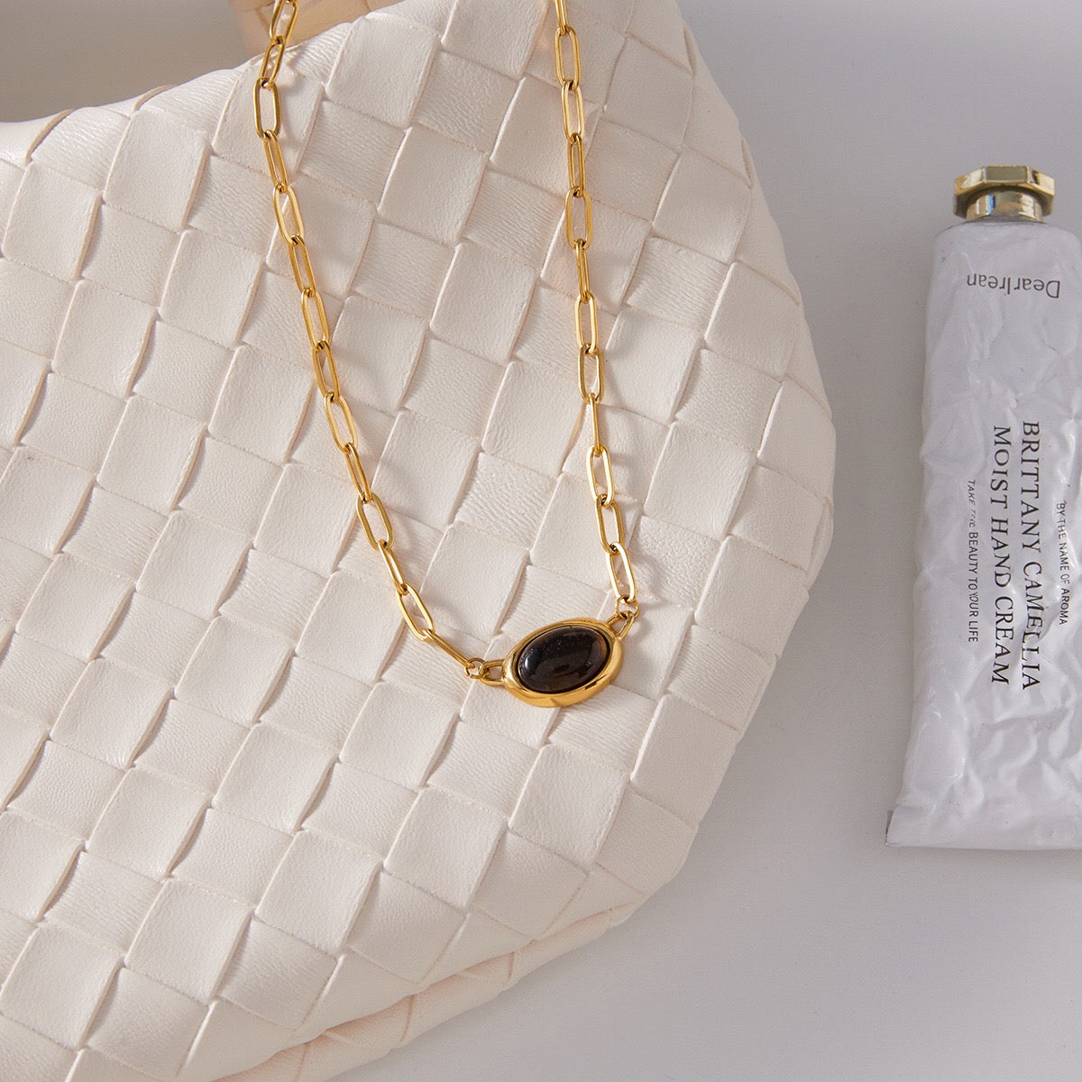 18K Gold Tiger Eye Paperclip Chain Herringbone Choker Layered Necklace Set
