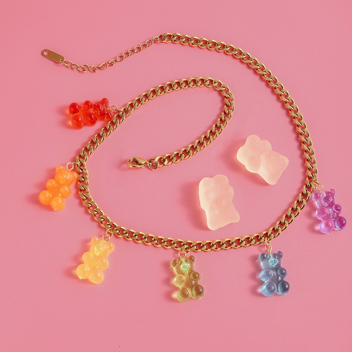 18K Gold Rainbow Color Gummy Bear Cuban Link Statement Charm Necklace