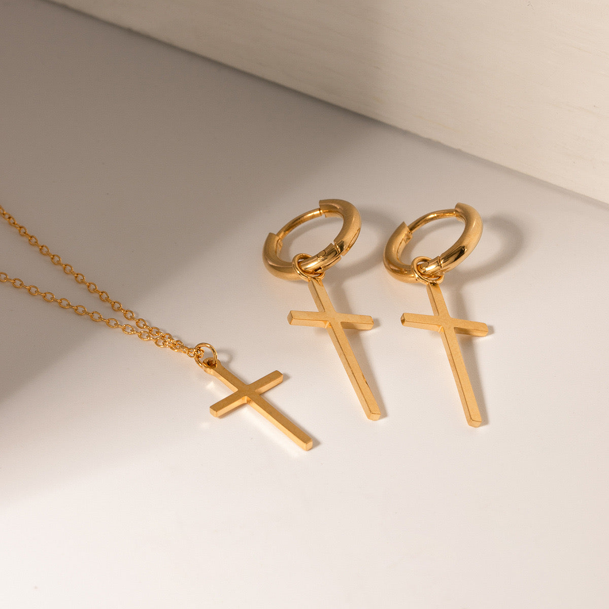 18K Gold Minimalist Cross Huggie Earrings With Charm