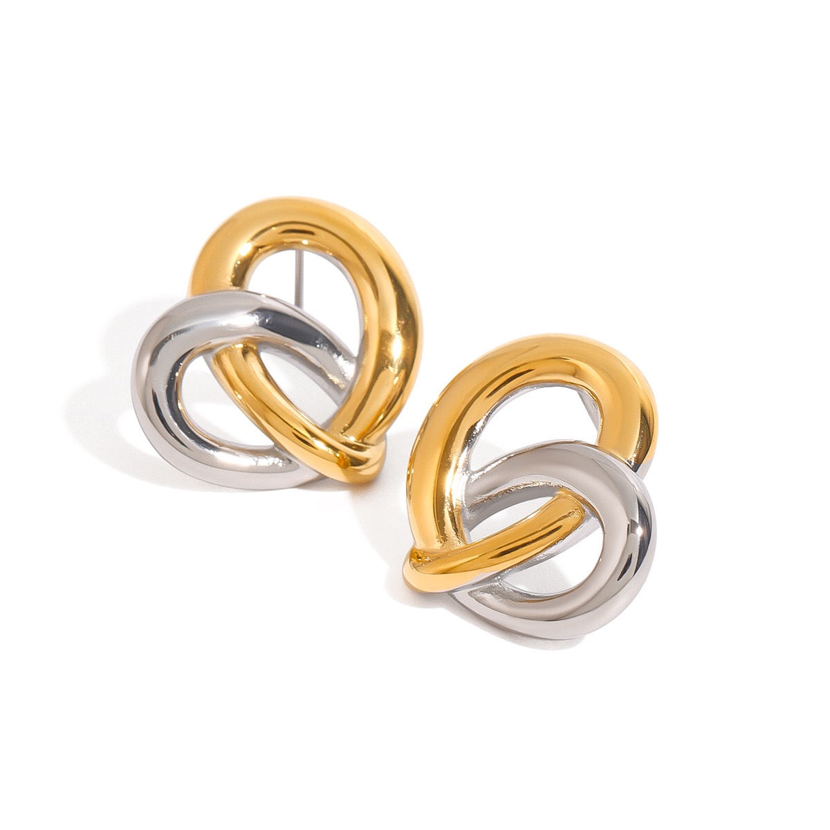 18K Gold and Silver Two Tone Pretzel Heart Statement Stud Earrings