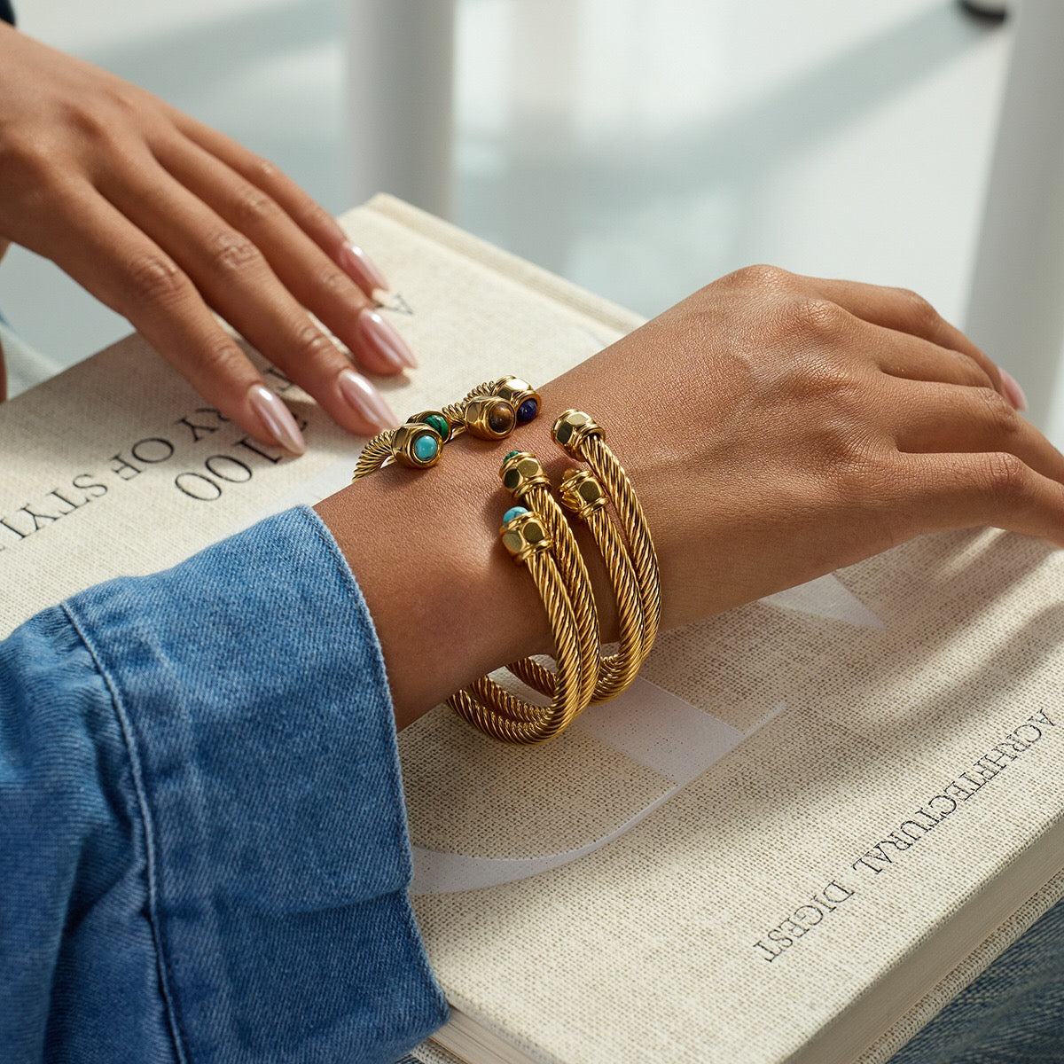 18K Gold Natural Stone Twisted Ribbed Cuff Bangle Bracelet