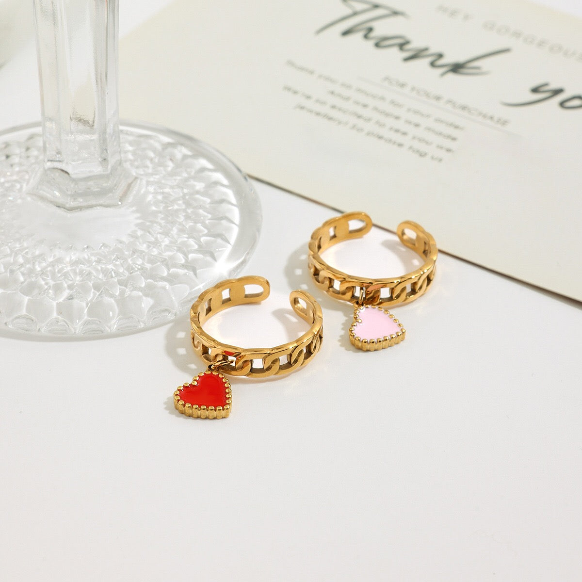 18K Gold Heart Palm Tree Charm Chain Band Ring