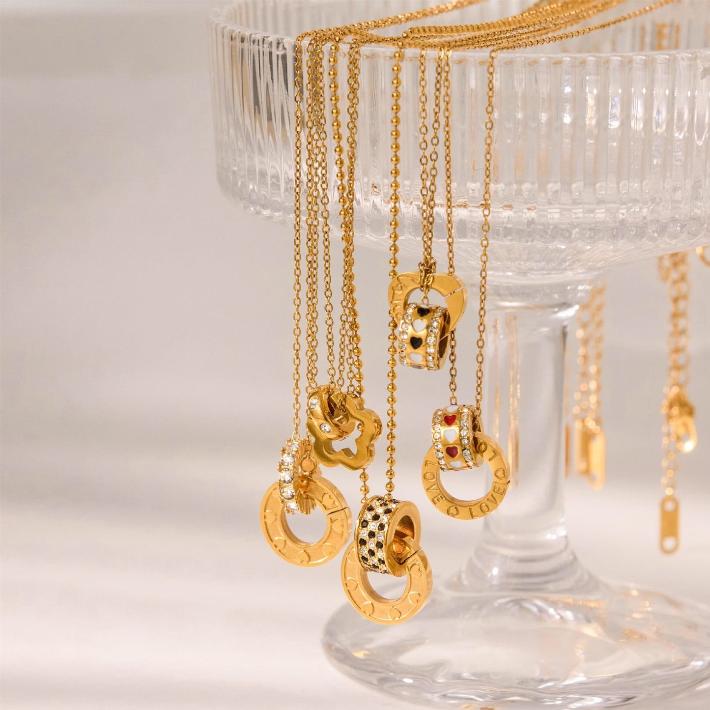 18K Gold Together Two Ring Connected Dainty Pendant Necklace