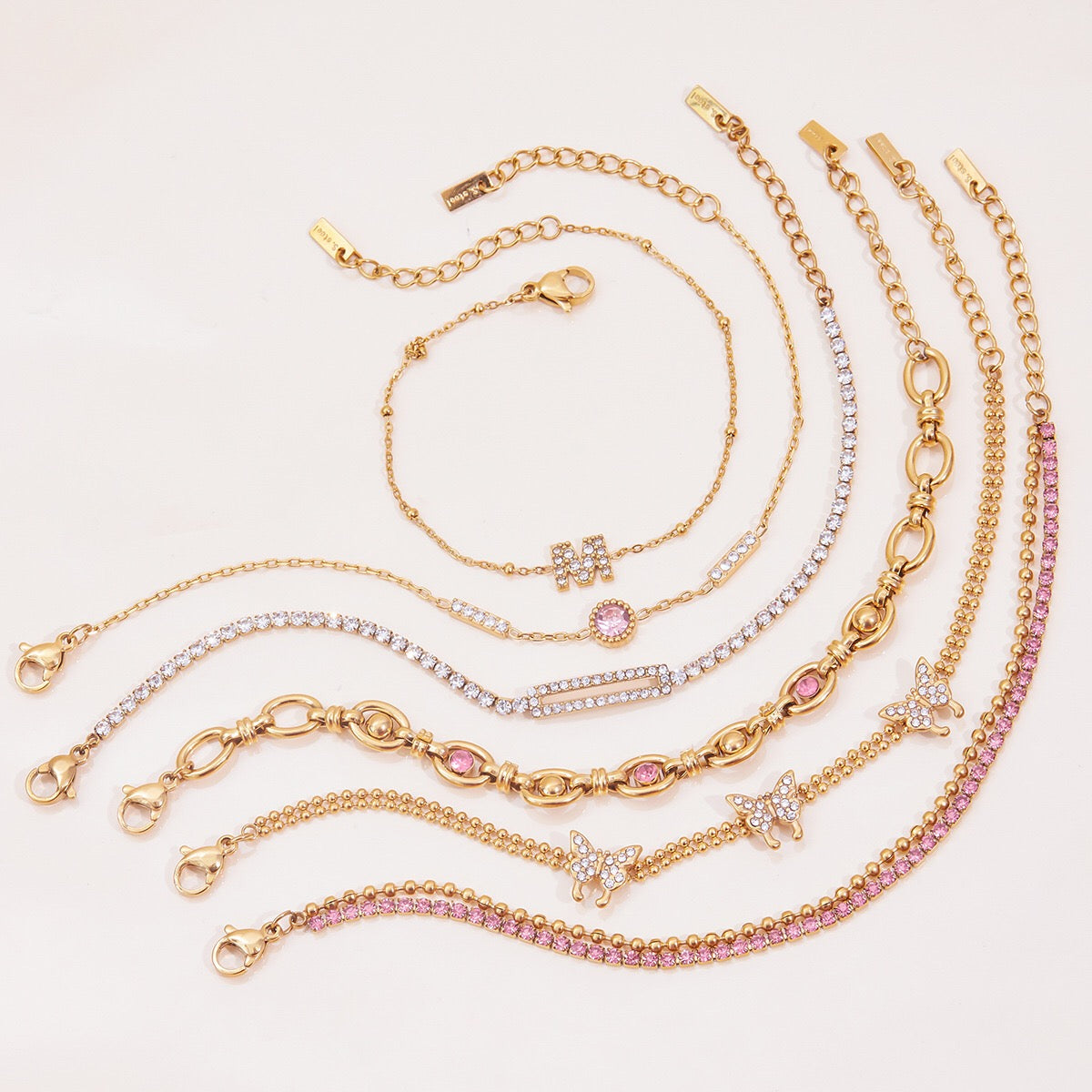 18K Gold Luxury Pink Butterfly Dainty Tennis Chain Bracelet Stack