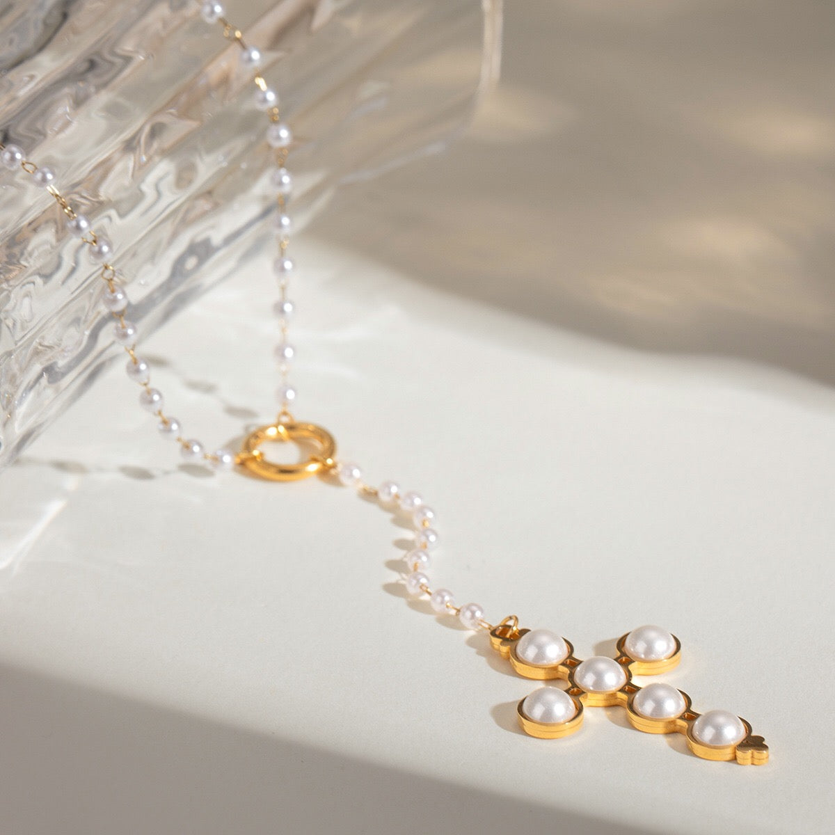18K Gold Pearl Cross Pendant Lariat Necklace