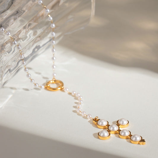 18K Gold Pearl Cross Pendant Lariat Necklace