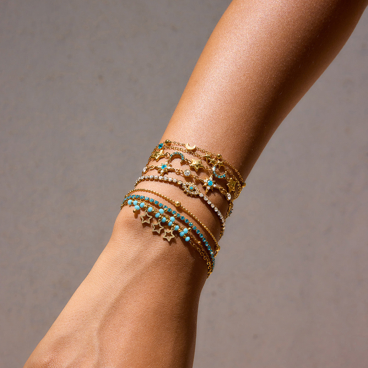 18K Gold Blue Winter Wonderland Moon and Stars Tennis Bracelet Stack