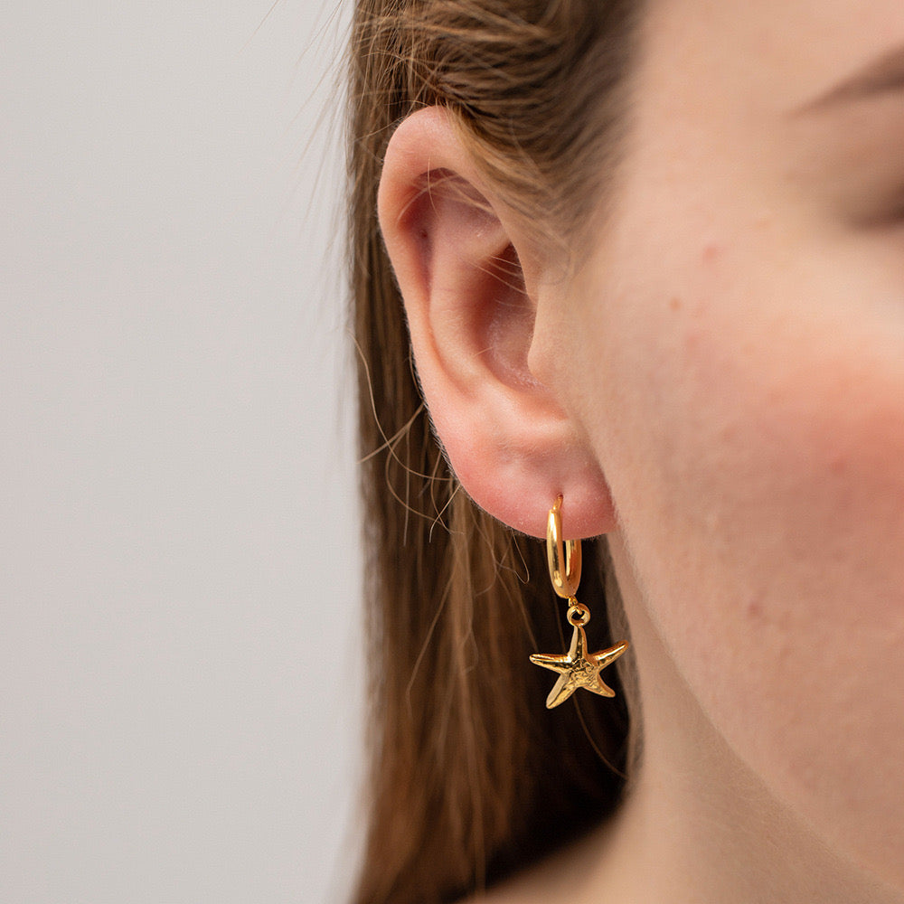 18K Gold Star Huggie Earrings with Charm