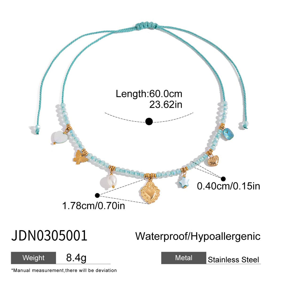 18K Gold Seaside Fantasy Blue Beads Heart Charm Circle Chain Layered Necklace Set