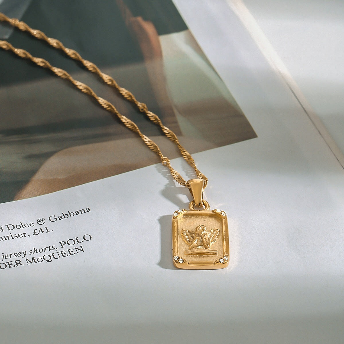 18K Gold Cupid Plate CZ Pendant Necklace