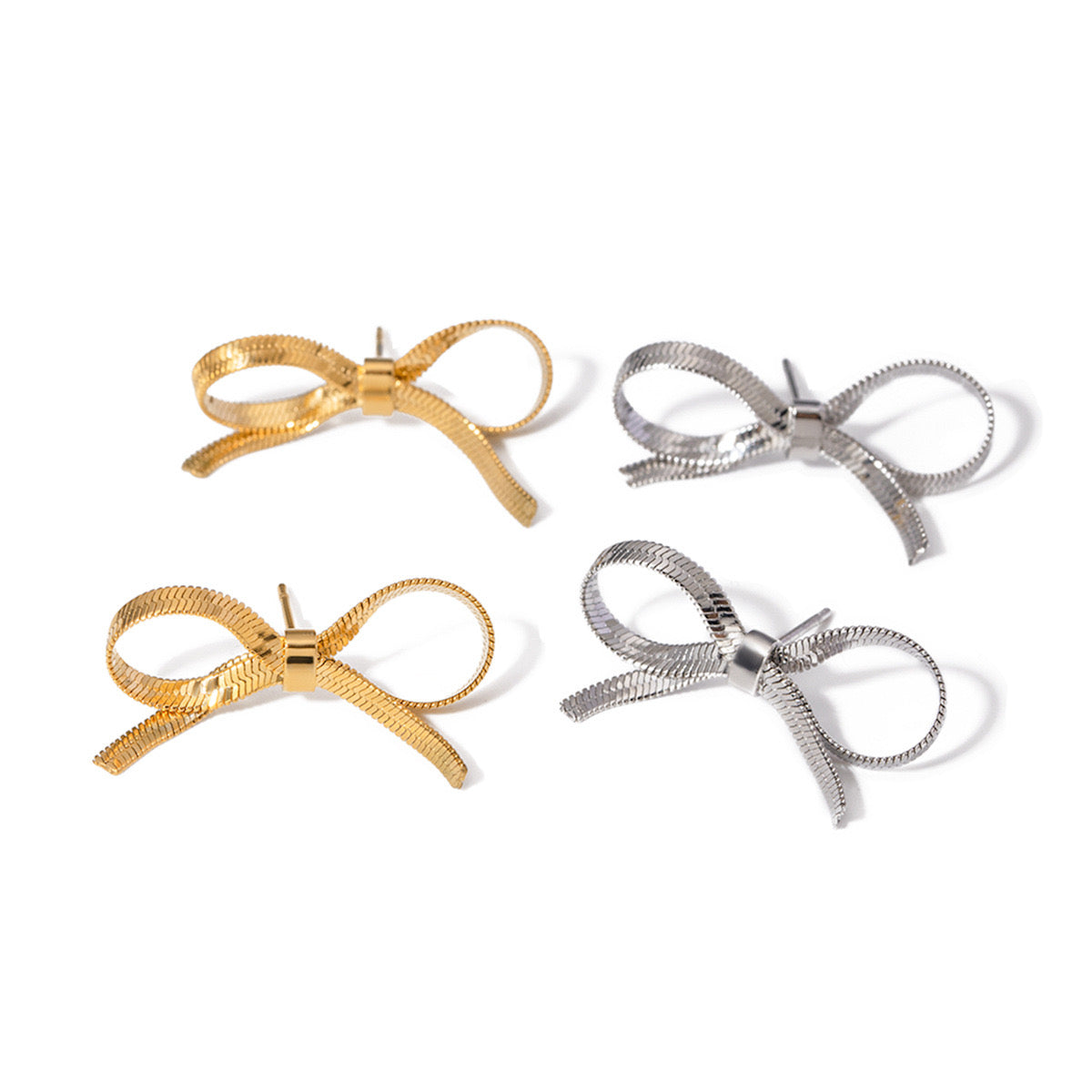 18K Gold Snake Chain Ribbon Bow Cute Stud Earrings