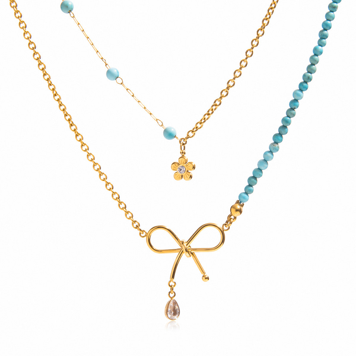 18K Gold Turquoise Beads Bow Pendant Double Chain Layered Necklace Set