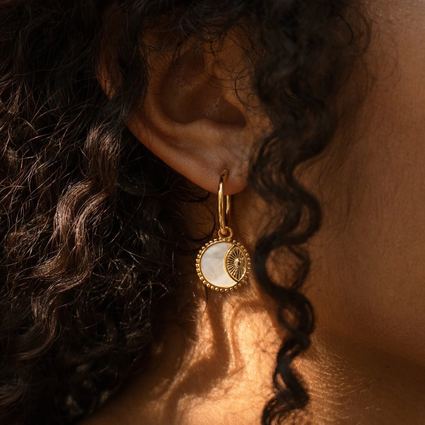 18K Gold Sun Coin Small Hoop Huggie Earrings with Charm