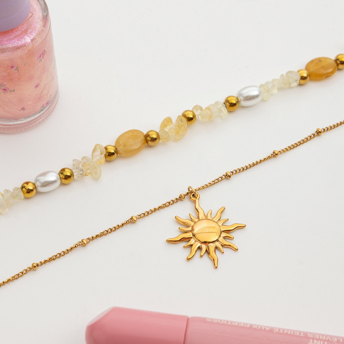 18K Gold Sun Pendant Beaded Pearl Layered Necklace Set