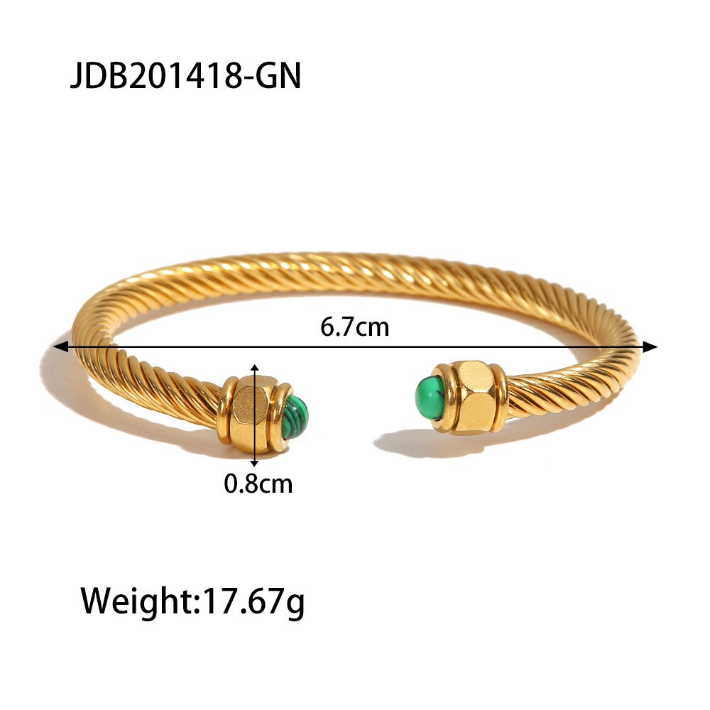 18K Gold Natural Stone Twisted Ribbed Cuff Bangle Bracelet