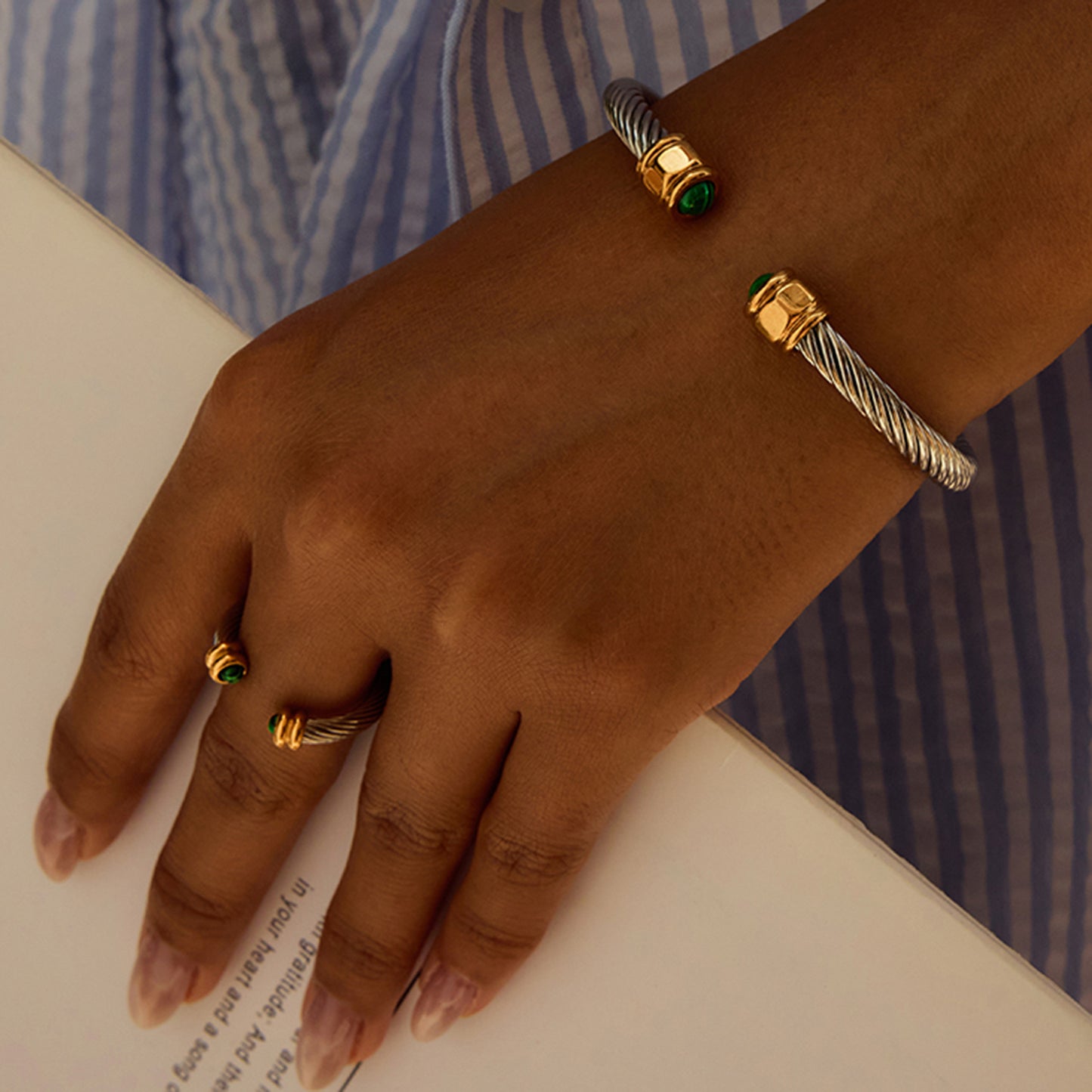 18K Gold Natural Stone Twisted Ribbed Cuff Bangle Bracelet