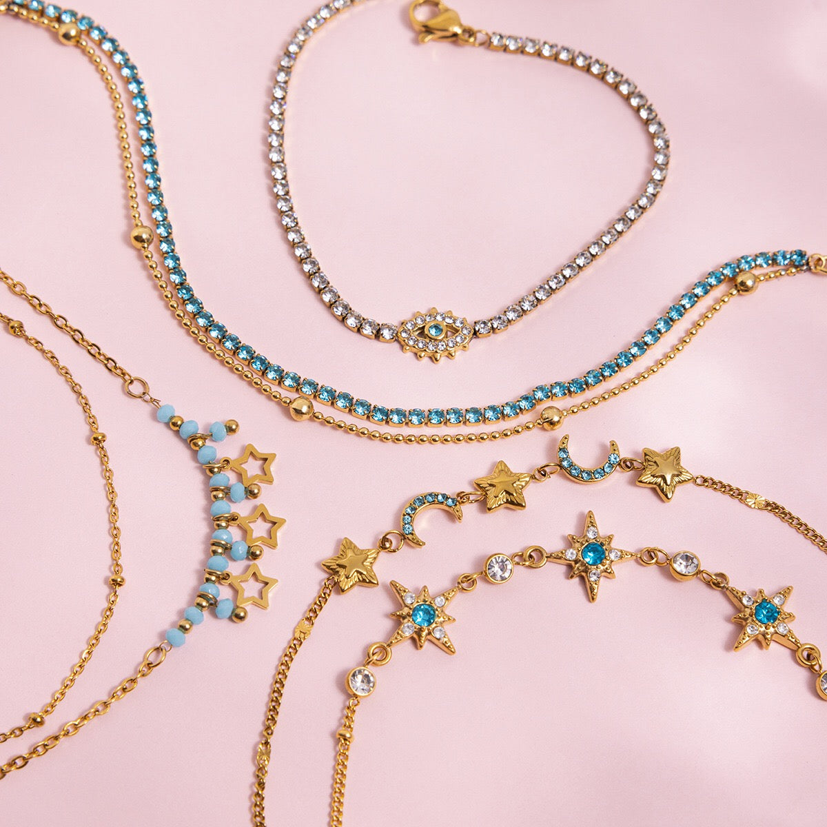 18K Gold Blue Winter Wonderland Moon and Stars Tennis Bracelet Stack
