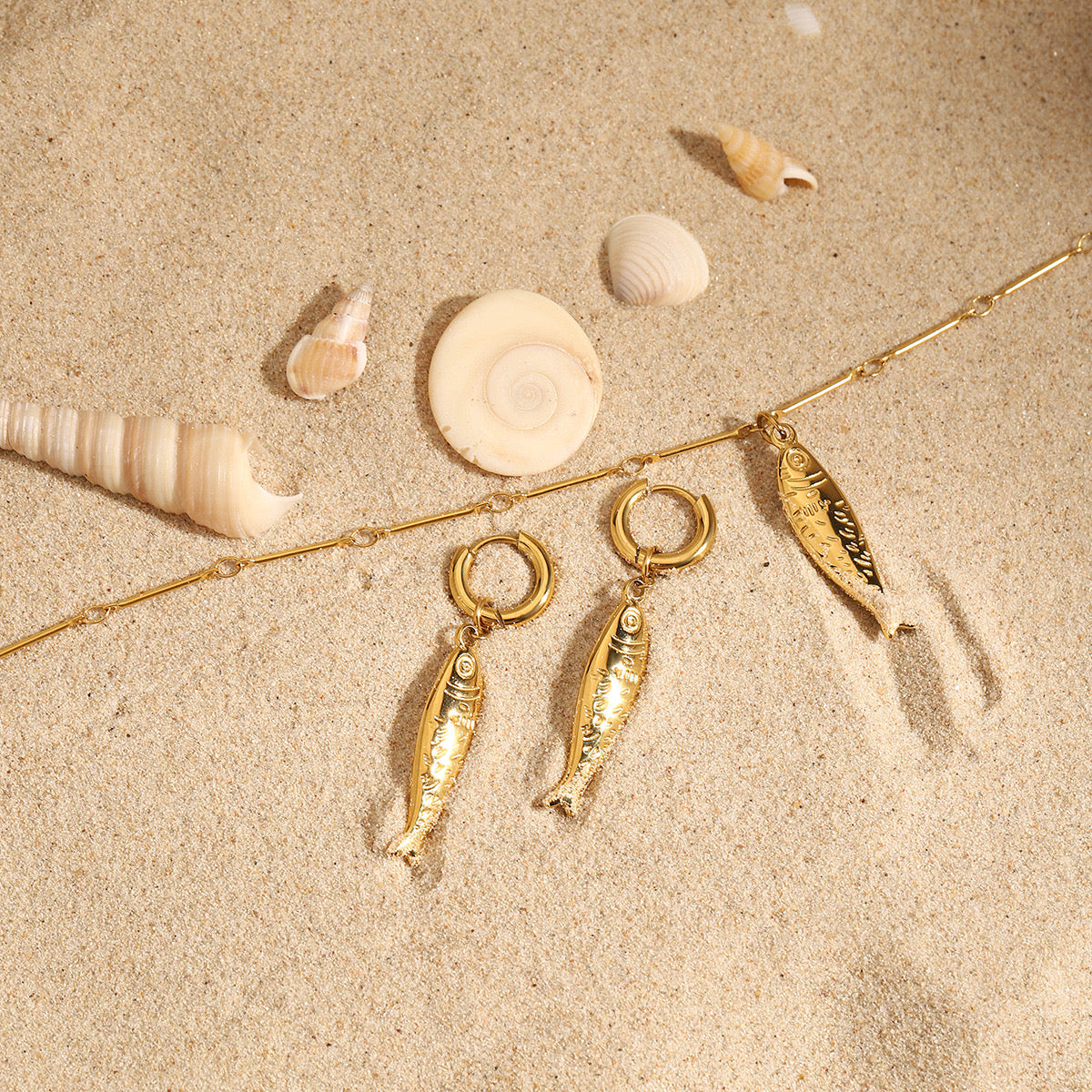18K Gold Ocean Themed Fish Small Hoop Huggie Earrings with Charm