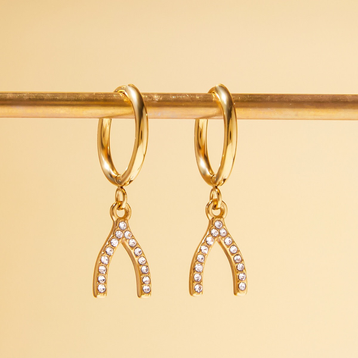 18K Gold Bling Wishing Bone Small Hoop Huggie Earrings with Charm
