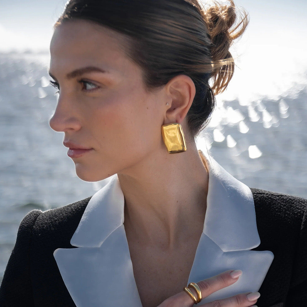 18K Gold Puffy Rectangle Statement Stud Earrings