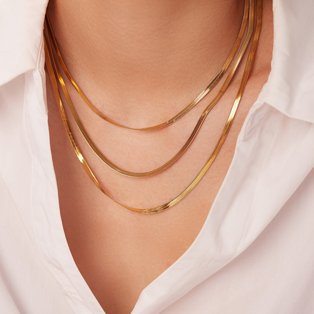 18K Gold Herringbone Snake Chain Layered Necklace Set