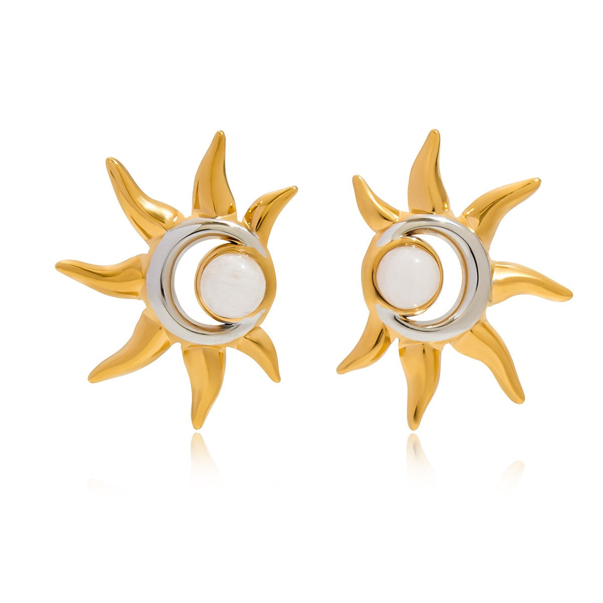 18K Gold and Silver Two Tone Eclipse Opal Sun and Moon Stud Earrings