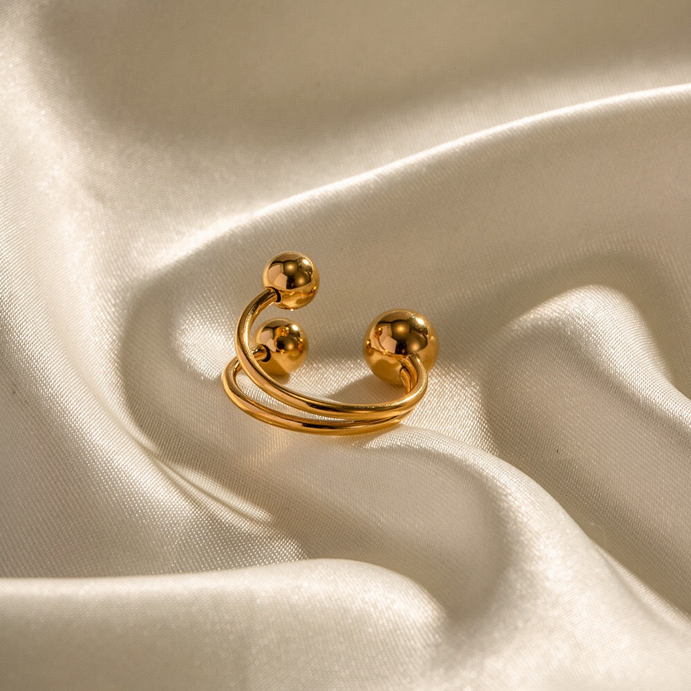 18K Gold Three Beads Cuff Ring