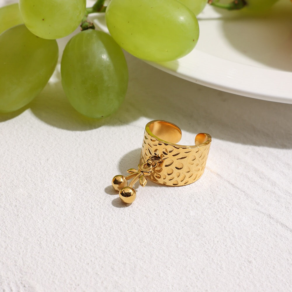 18K Gold Cherry Charm Band Ring