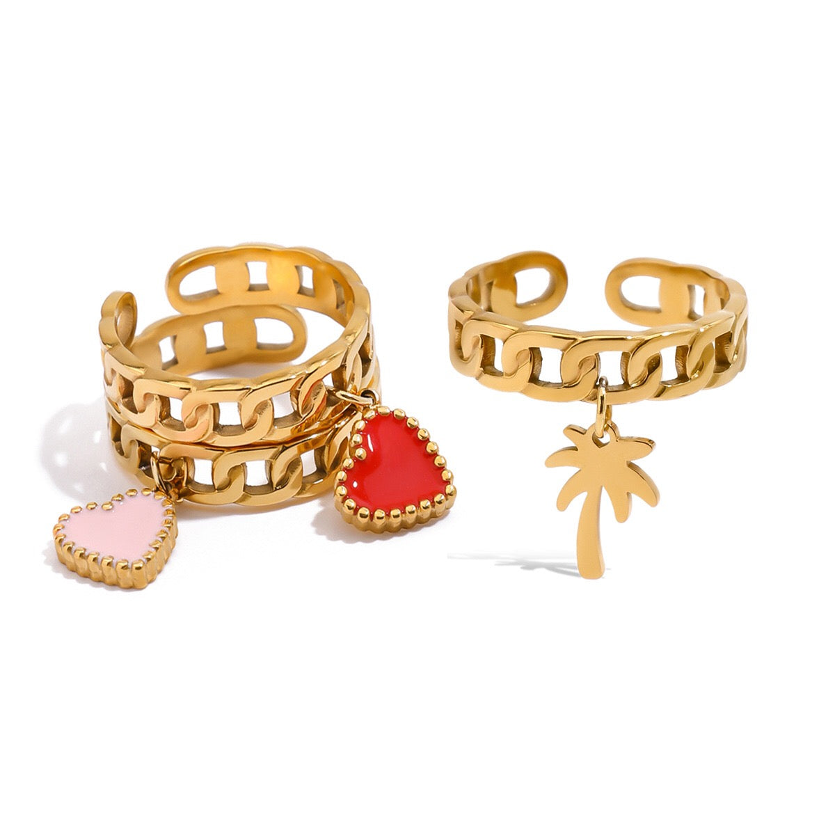 18K Gold Heart Palm Tree Charm Chain Band Ring