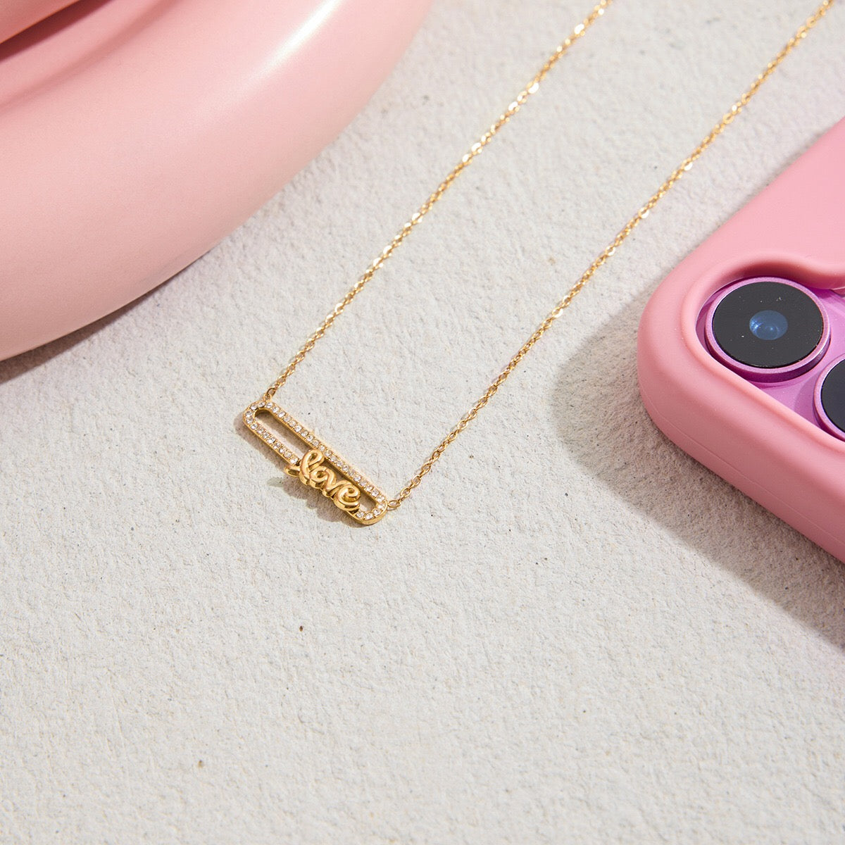 18K Gold Bling Love Letter Pink Jewel Paperclip Chain Layered Necklace Set