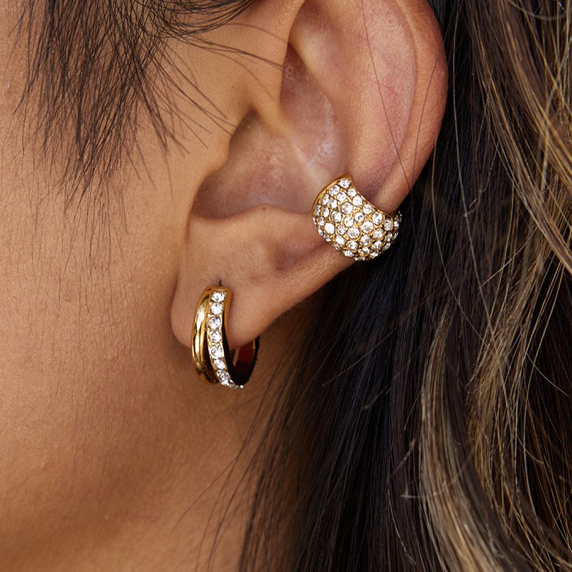 18K Gold Diamond Fever Huggie Earrings Ear Cuff Set