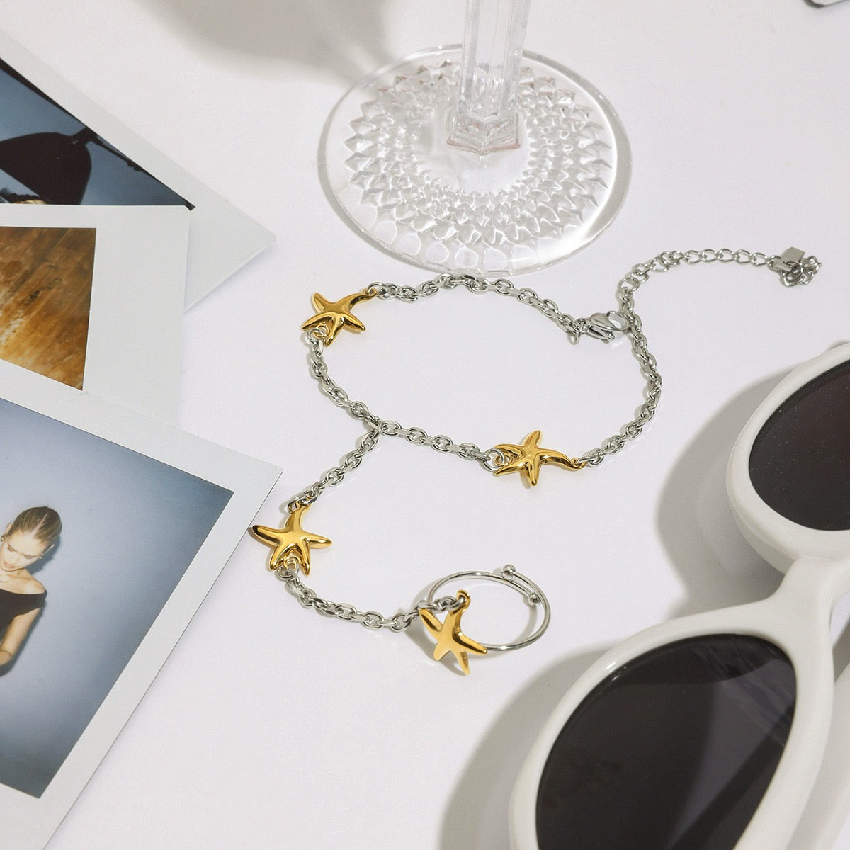 18K Gold Silver Two Tone Waterproof Starfish Hand Jewelry Chain Bracelet