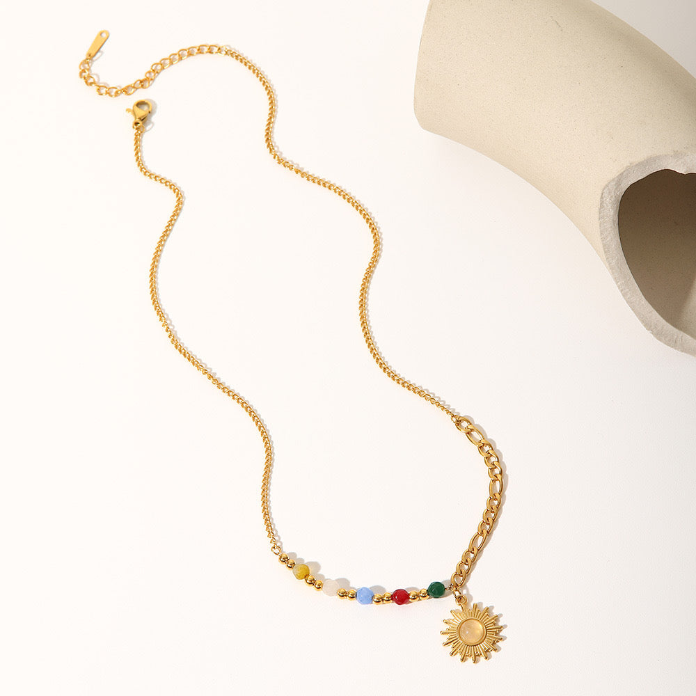 18K Gold Sun Pendant Color Beaded Necklace