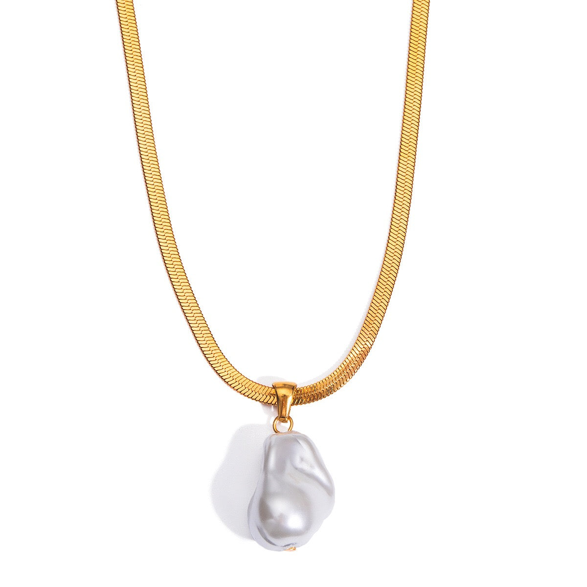 18K Gold Pearl Pendant Herringbone Chain Statement Necklace