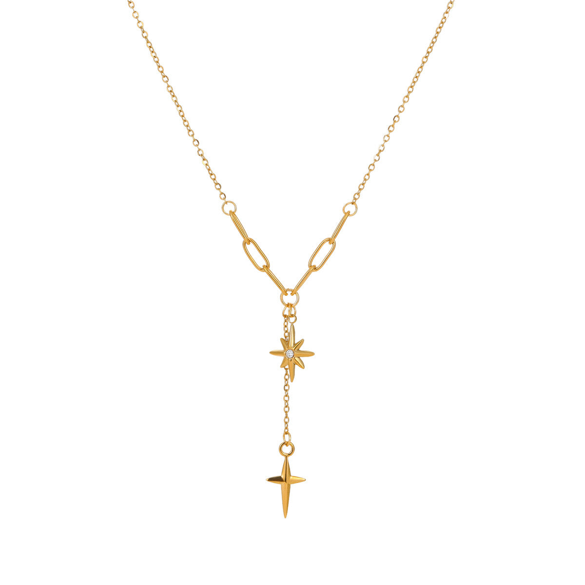 18K Gold Starburst Pendant Chain Lariat Necklace