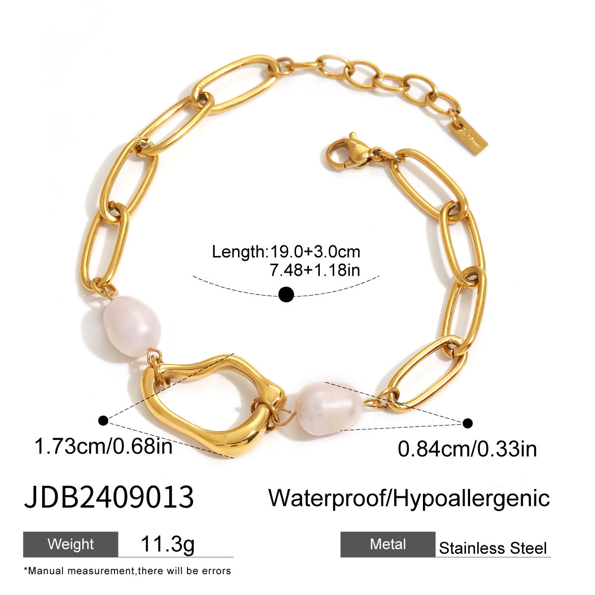 18K Gold Paperclip Chain Pearl Beads Bracelet