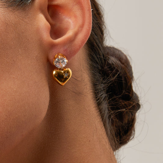 18K Gold Flirting Heart Drop Dangle CZ Earrings
