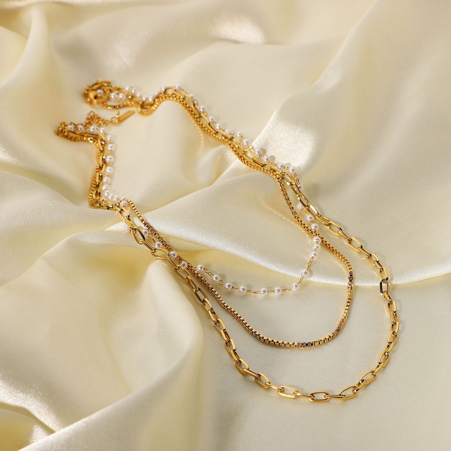 18K Gold Paperclip Box Chain Pearl Layered Necklace