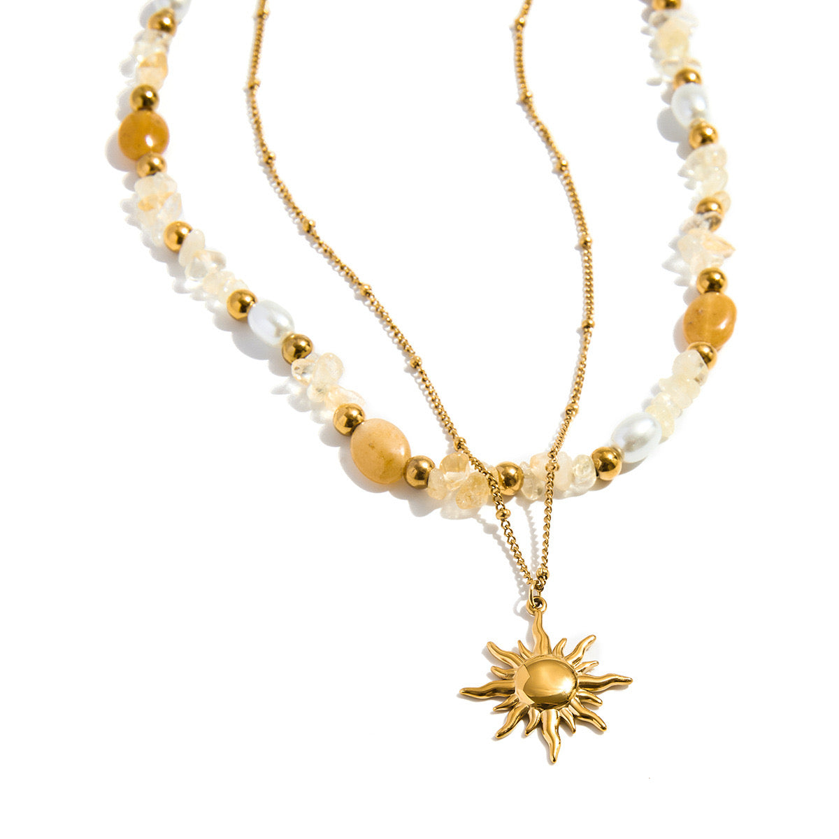 18K Gold Sun Pendant Beaded Pearl Layered Necklace Set