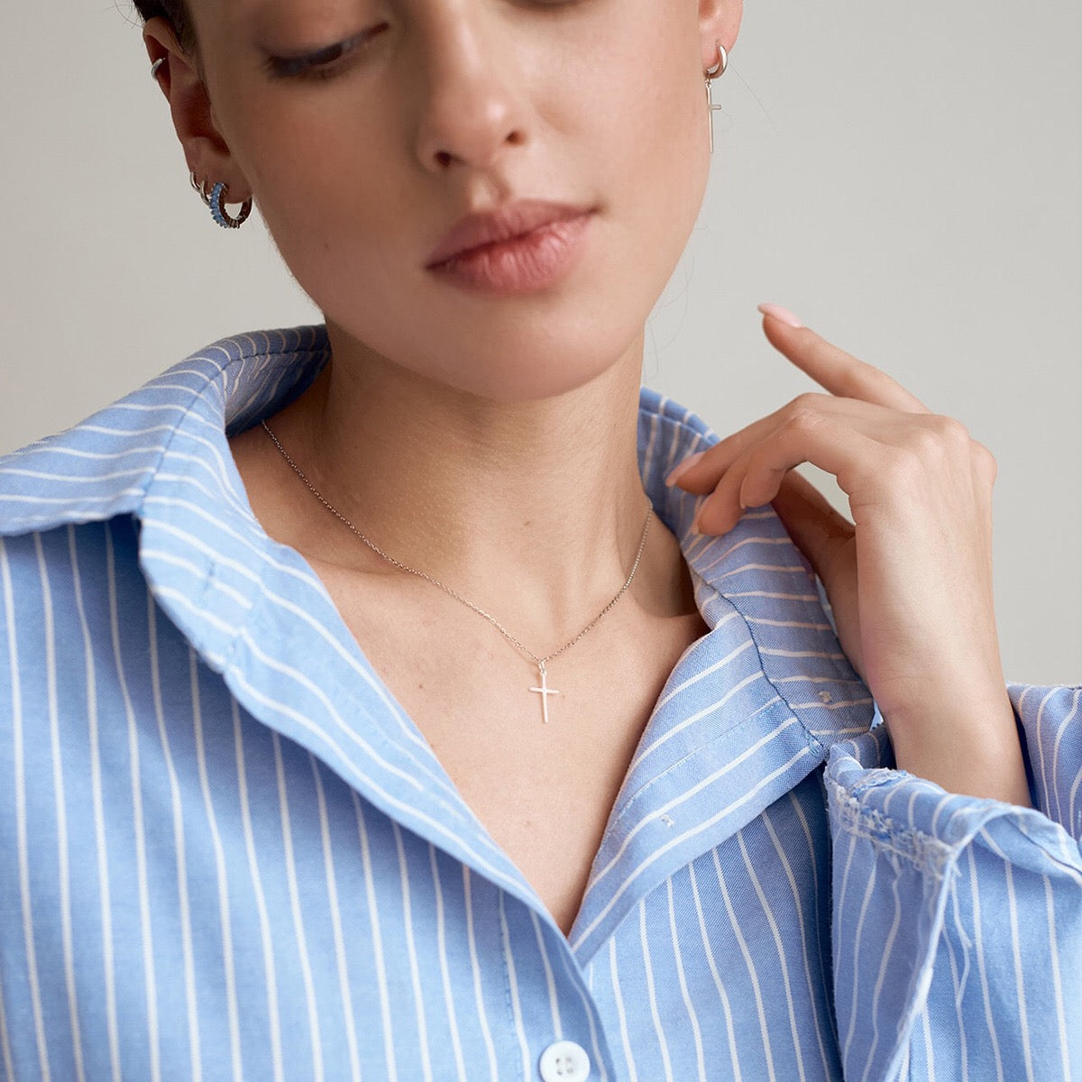 18K Gold Minimalist Cross Huggie Earrings With Charm