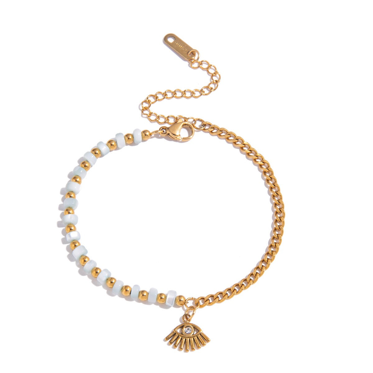 18K Gold Pastel Blue Flower Beaded Chain Bangle Bracelet Stack